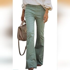 Women's Sage Green Boho High Waist Pull On Denim Flared Pants sz 12